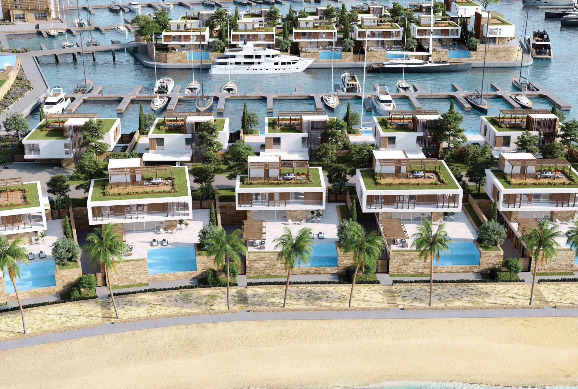 Новые виллы прямо на пляже в жилом комплексе с портом, торговой зоной и спорткомплексом, Айя-Напа, Фамагуста, Кипр